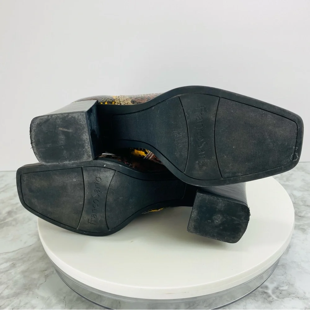 Franco Sarto Leather Ankle Boots 6.5 Lizzard Brown Yellow Zip Block‎ Heel Square